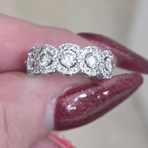 Moissanite Half Eternity Band, Flower Design 925 Solid Silver Size 8